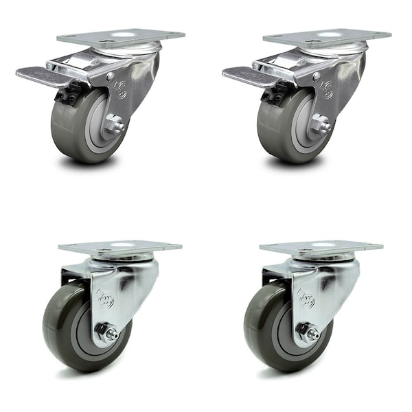 3.5 Inch Gray Polyurethane Wheel Swivel Top Plate Caster Total Lock Brake, 2PK